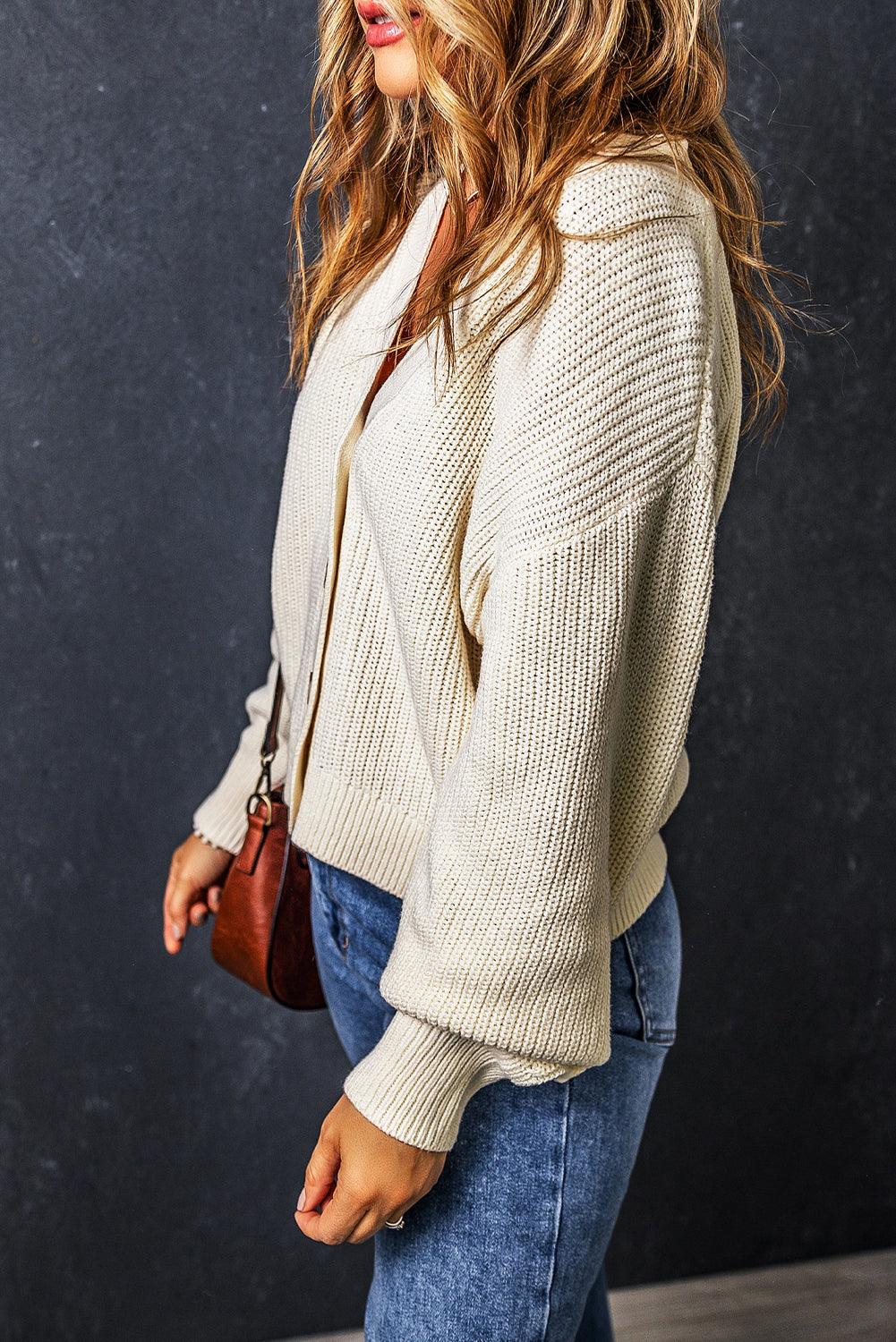 Beige Plain Knitted Buttoned V Neck Cardigan - L & M Kee, LLC