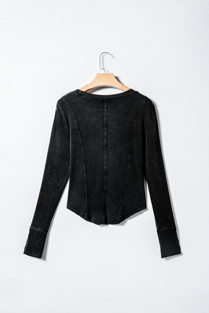 Black Exposed Seam Ribbed Long Sleeve Top