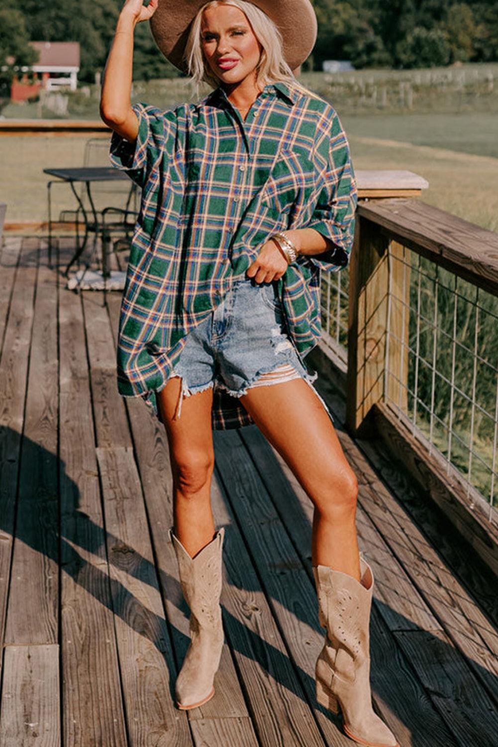 Green Oversized Plaid Half Sleeve Tunic Shirt - L & M Kee, LLC