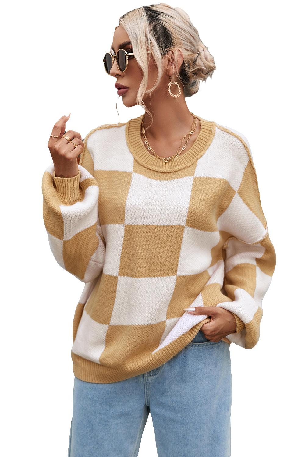 Pink Checkered Bishop Sleeve Sweater - L & M Kee, LLC