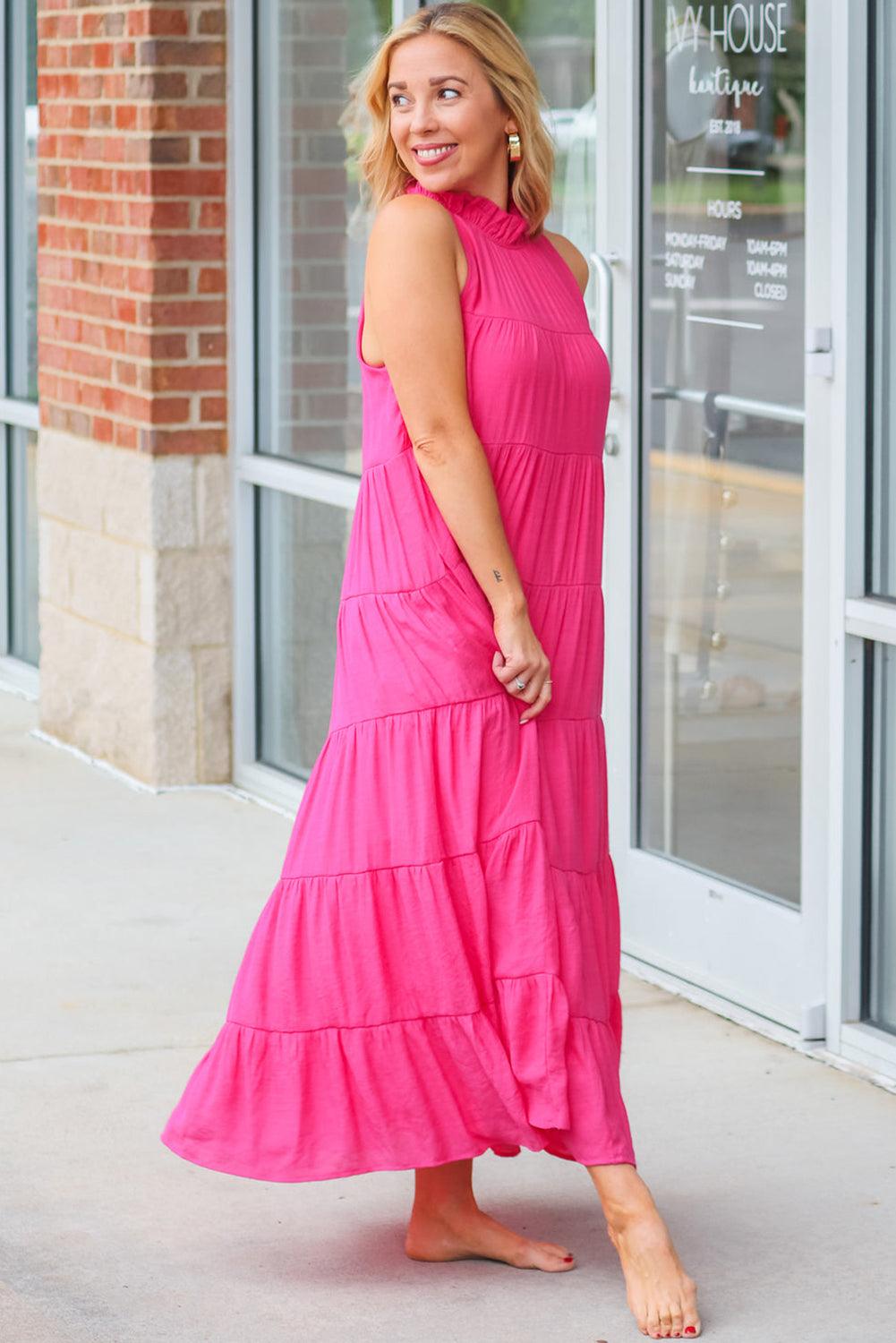 Rose Red High Frilled Neck Tiered Sleeveless Maxi Dress - L & M Kee, LLC