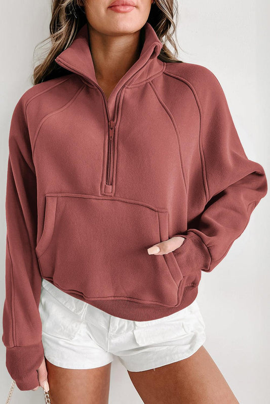 Brown Zip Up Stand Collar Ribbed Thumbhole Sleeve Sweatshirt - L & M Kee, LLC