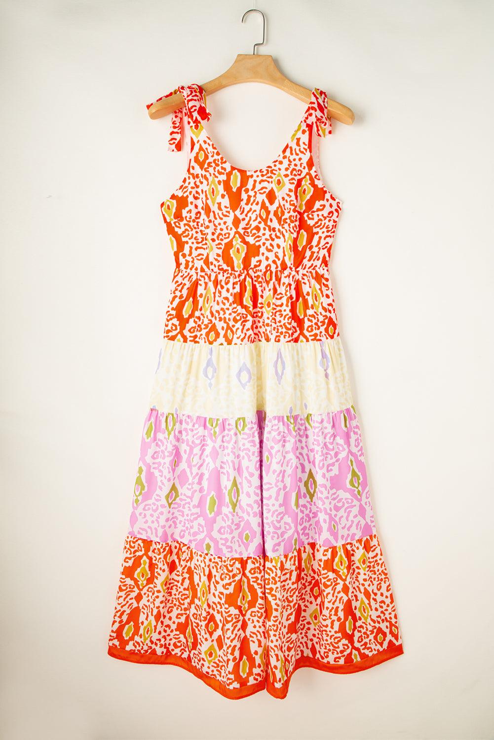 Orange Knotted Straps Leopard Colorblock Dress - L & M Kee, LLC