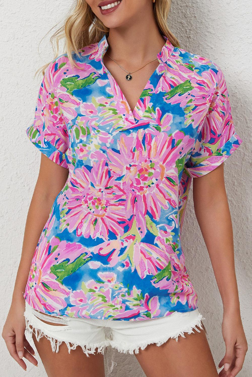 Pink Abstract Floral Print Notch V Neck Rolled Short Sleeve Blouse - L & M Kee, LLC