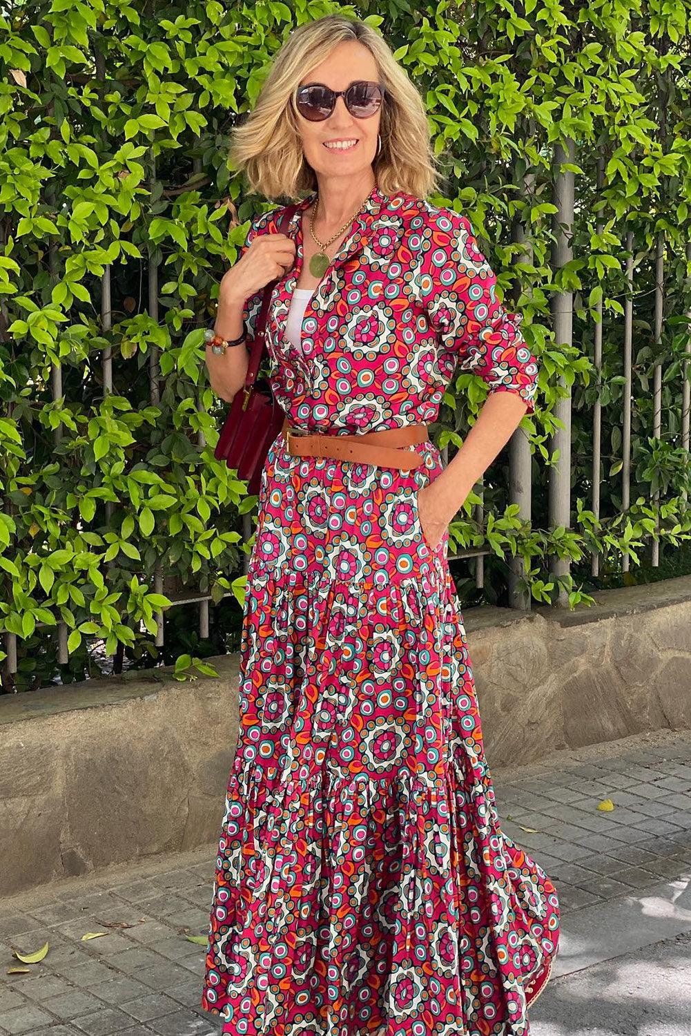 Floral Print Long Sleeve Shirt Bodice Flared Maxi Dress - L & M Kee, LLC