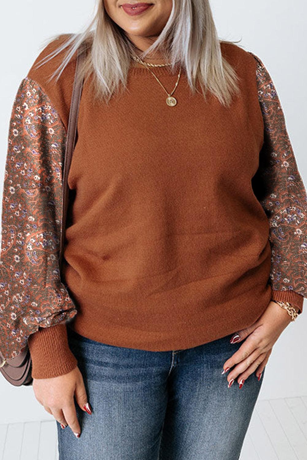 Brown Plus Size Printed Splicing Sleeve Ribbed Trim Sweater - L & M Kee, LLC