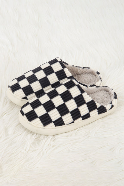 Black Checkered Print Ribbed Plush Lined Winter Slippers