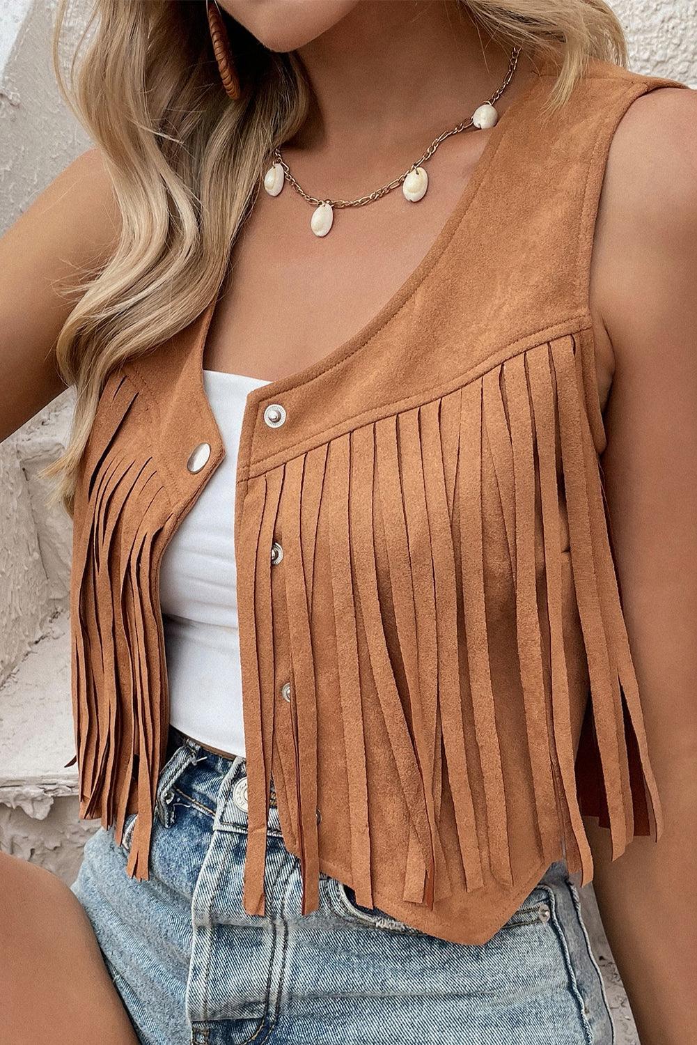 Camel Fringed Snap Button Front Suedette Vest - L & M Kee, LLC