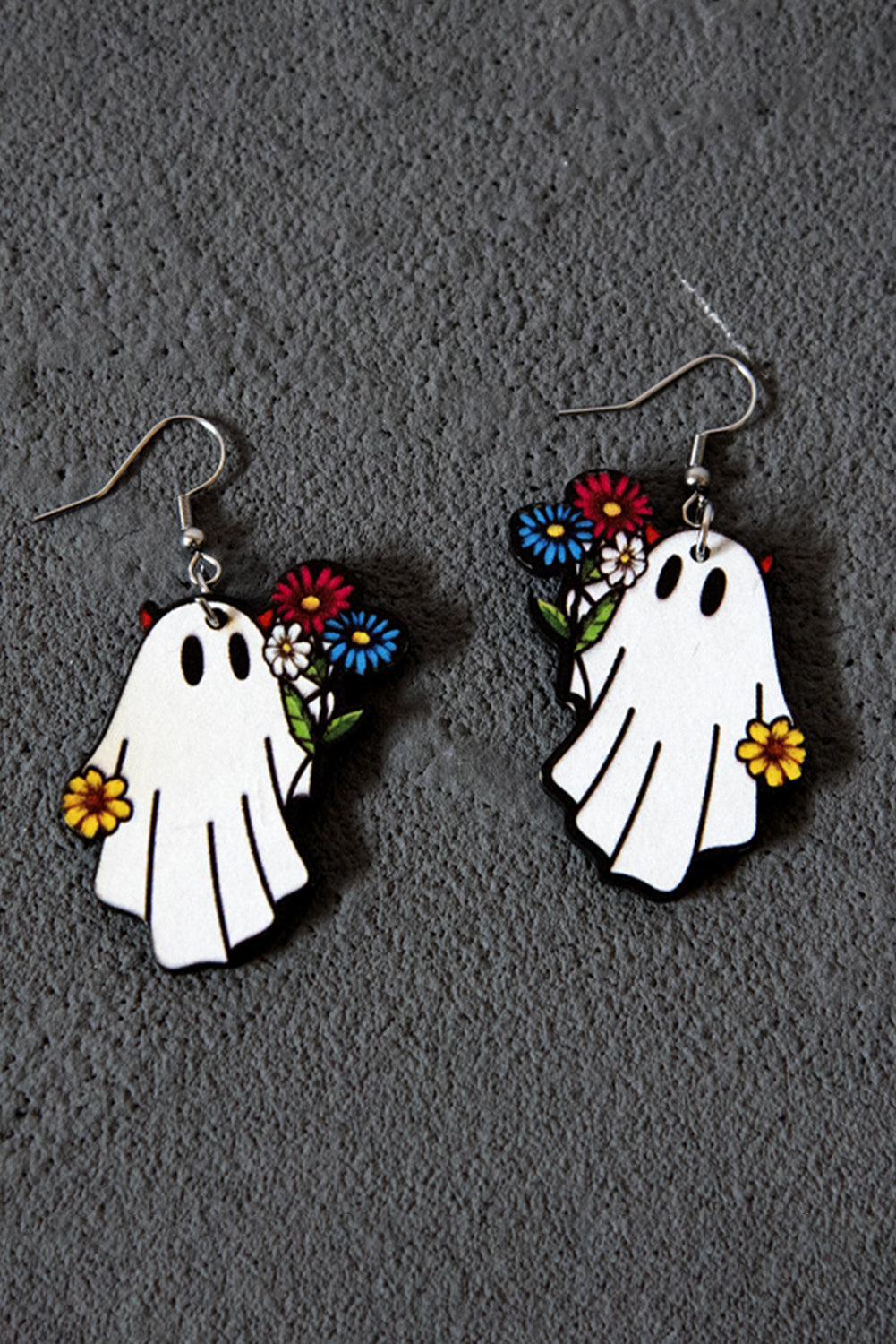 White Cute Ghost with Flower Halloween Hook Earrings