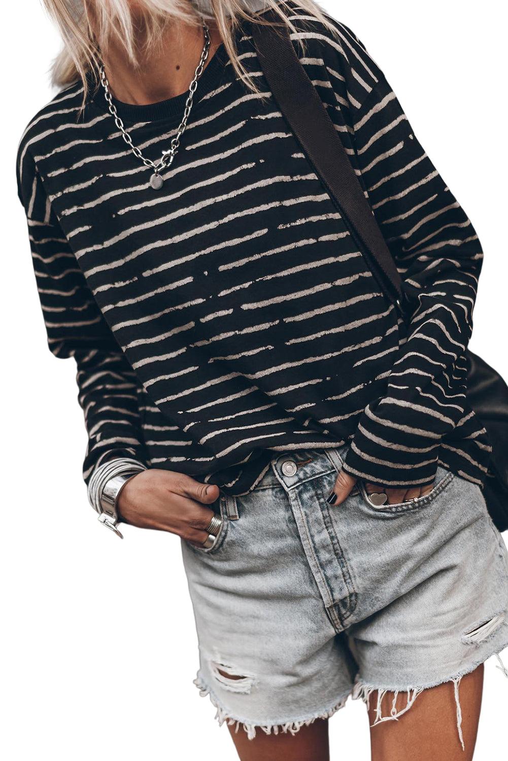 Black Retro Striped Casual Long Sleeve Top - L & M Kee, LLC
