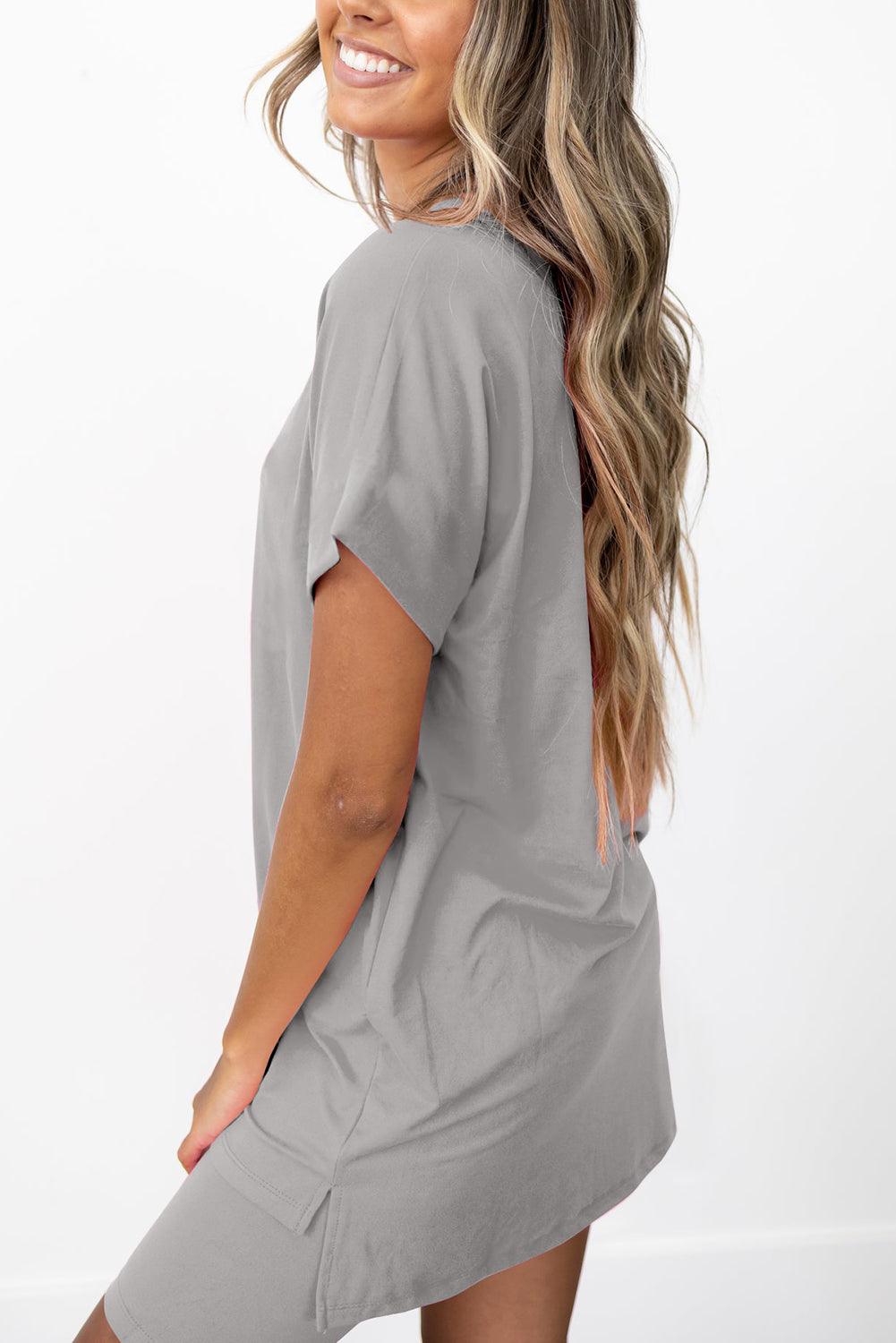 Gray Solid Split Hem Tunic Tee and Tight Shorts Set - L & M Kee, LLC