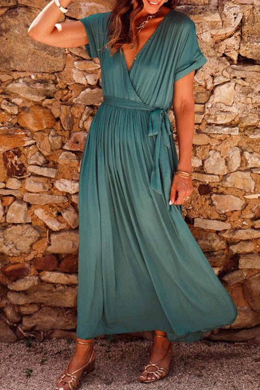 Blackish Green Solid Color V Neck Wrap Pleated Short Sleeve Maxi Dress - L & M Kee, LLC