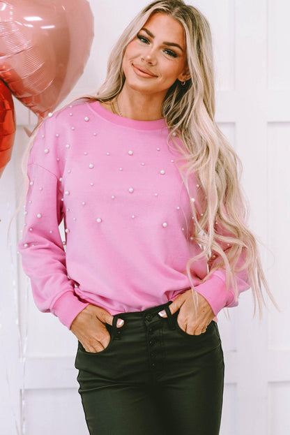 Bonbon Pearl Detail Ribbed Crew Neck Sweatshirt - L & M Kee, LLC