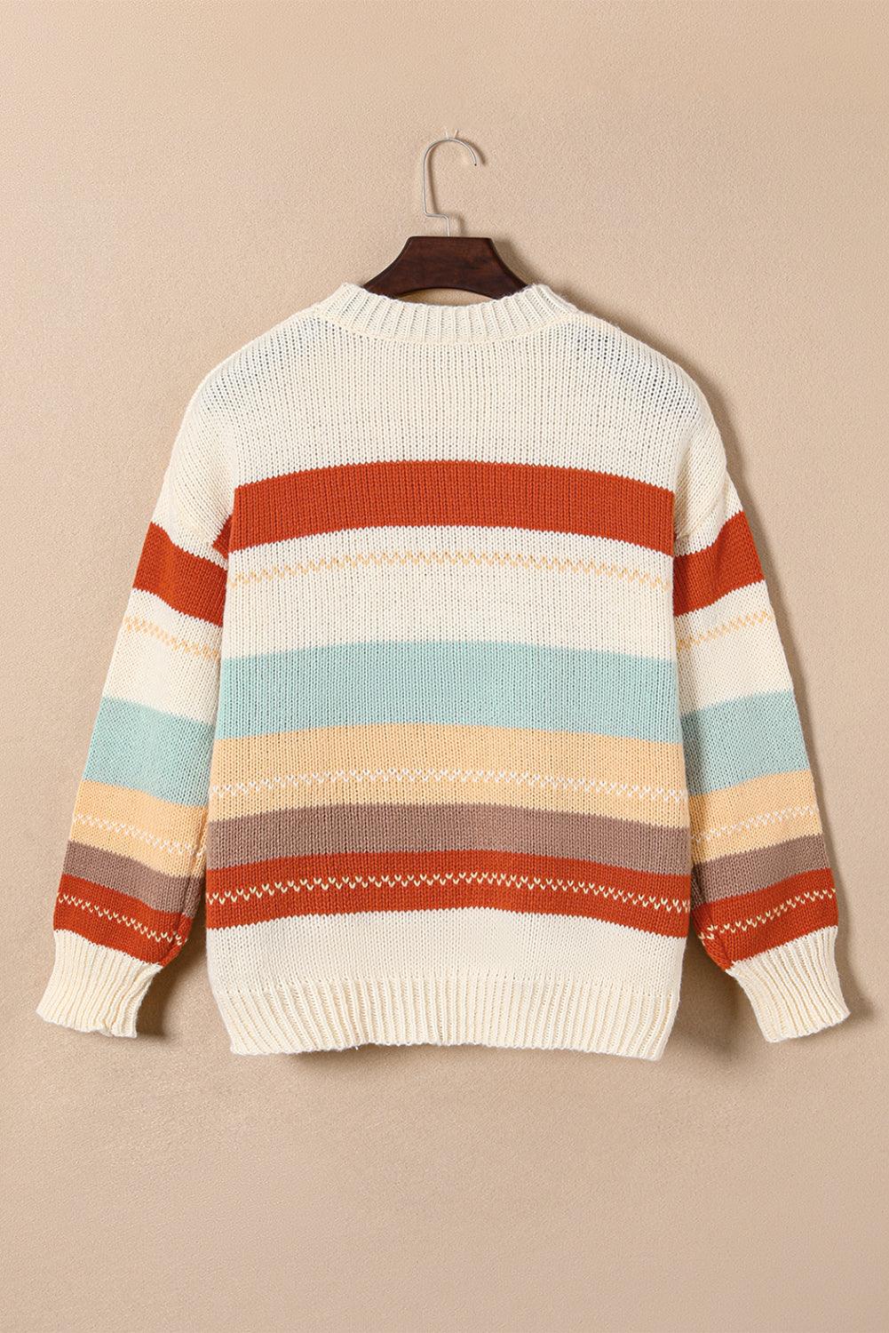 Crew Neck Drop-shoulder Striped Color Block Sweater - L & M Kee, LLC