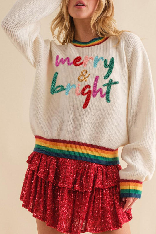 Black Glitter Merry & Bright Colorful Stripes Trim Sweater - L & M Kee, LLC