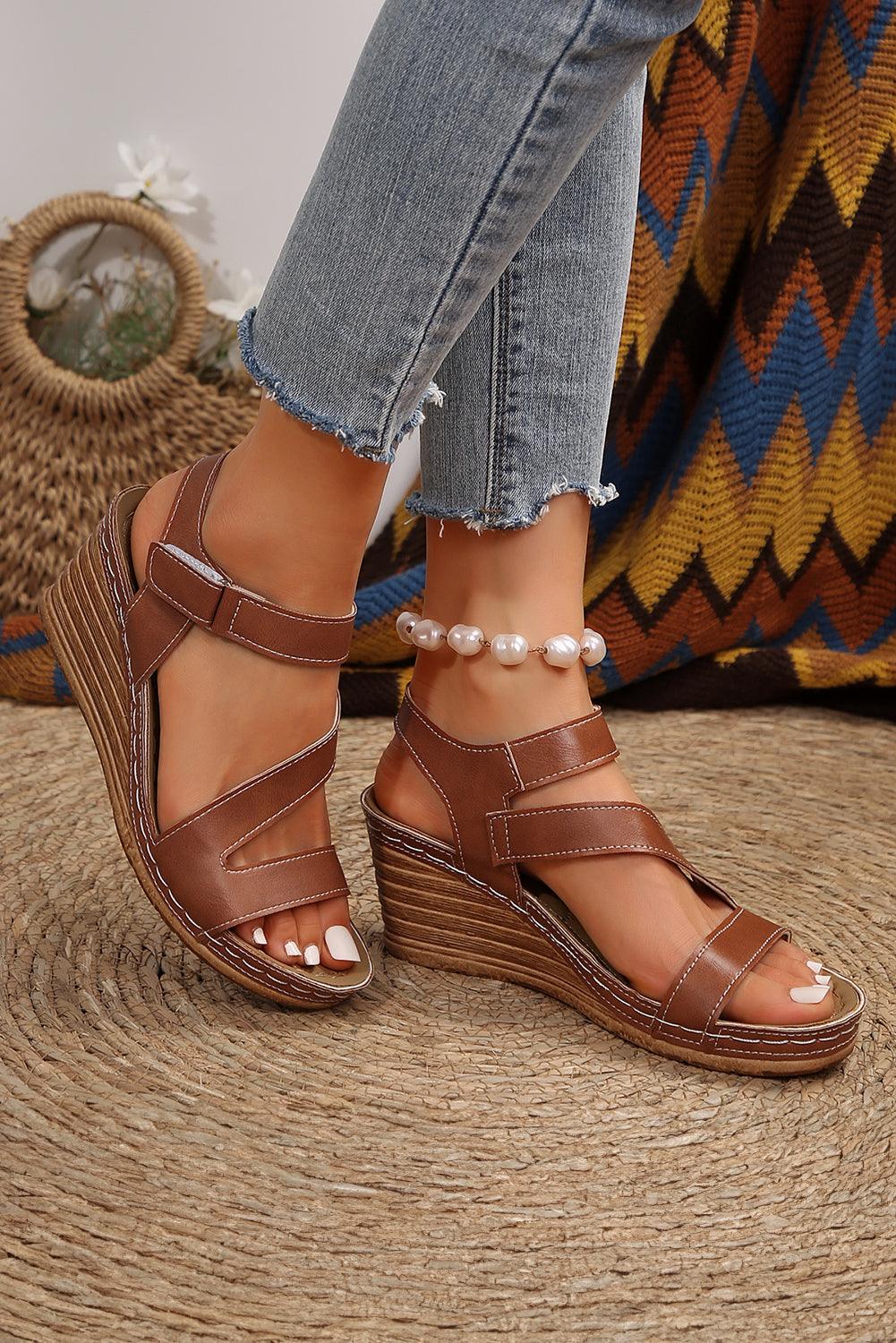Chestnut Hollow Out PU Leather Wedge Sandals - L & M Kee, LLC