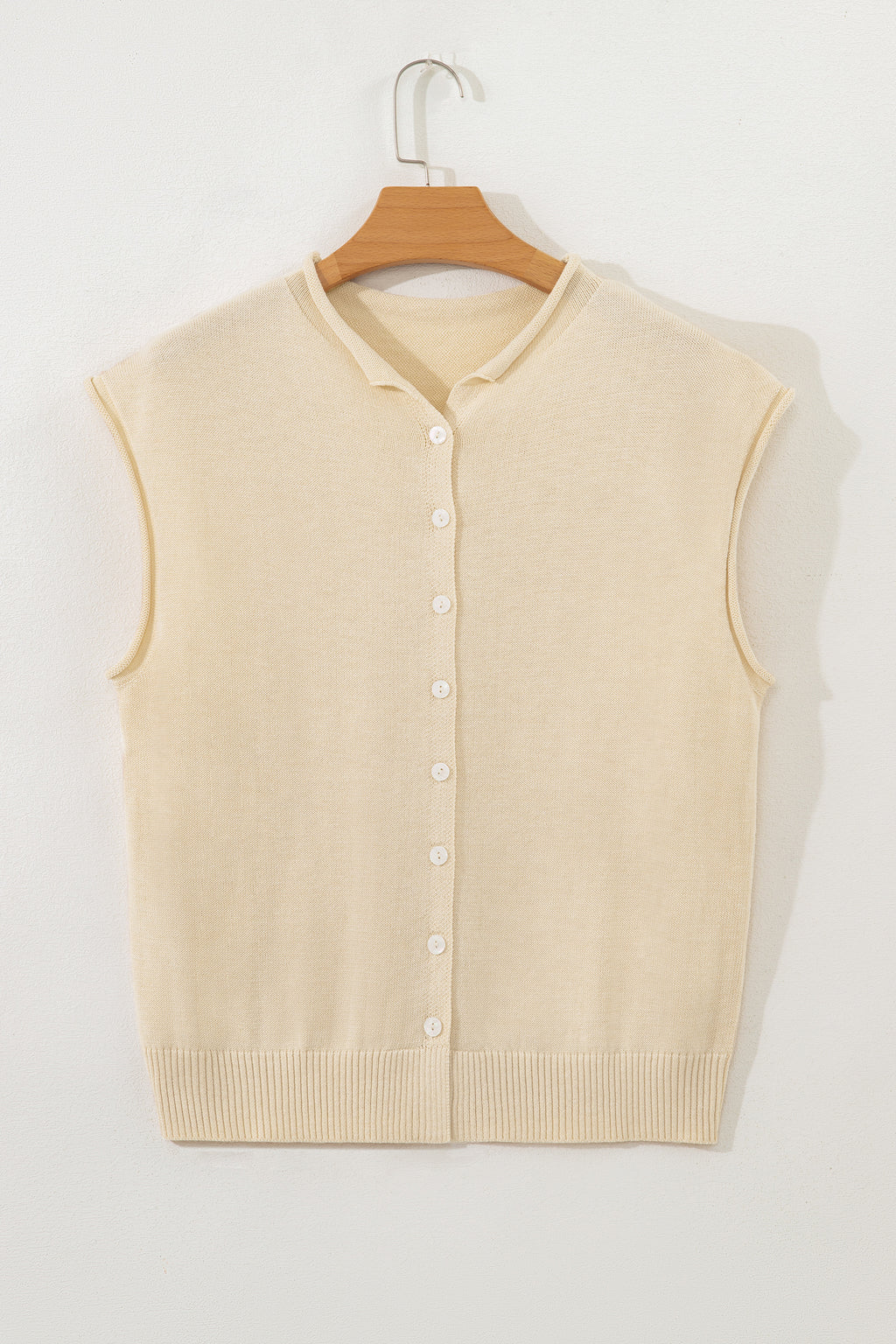 Apricot Buttoned Front Rolled Hem Cap Sleeve Sweater Top