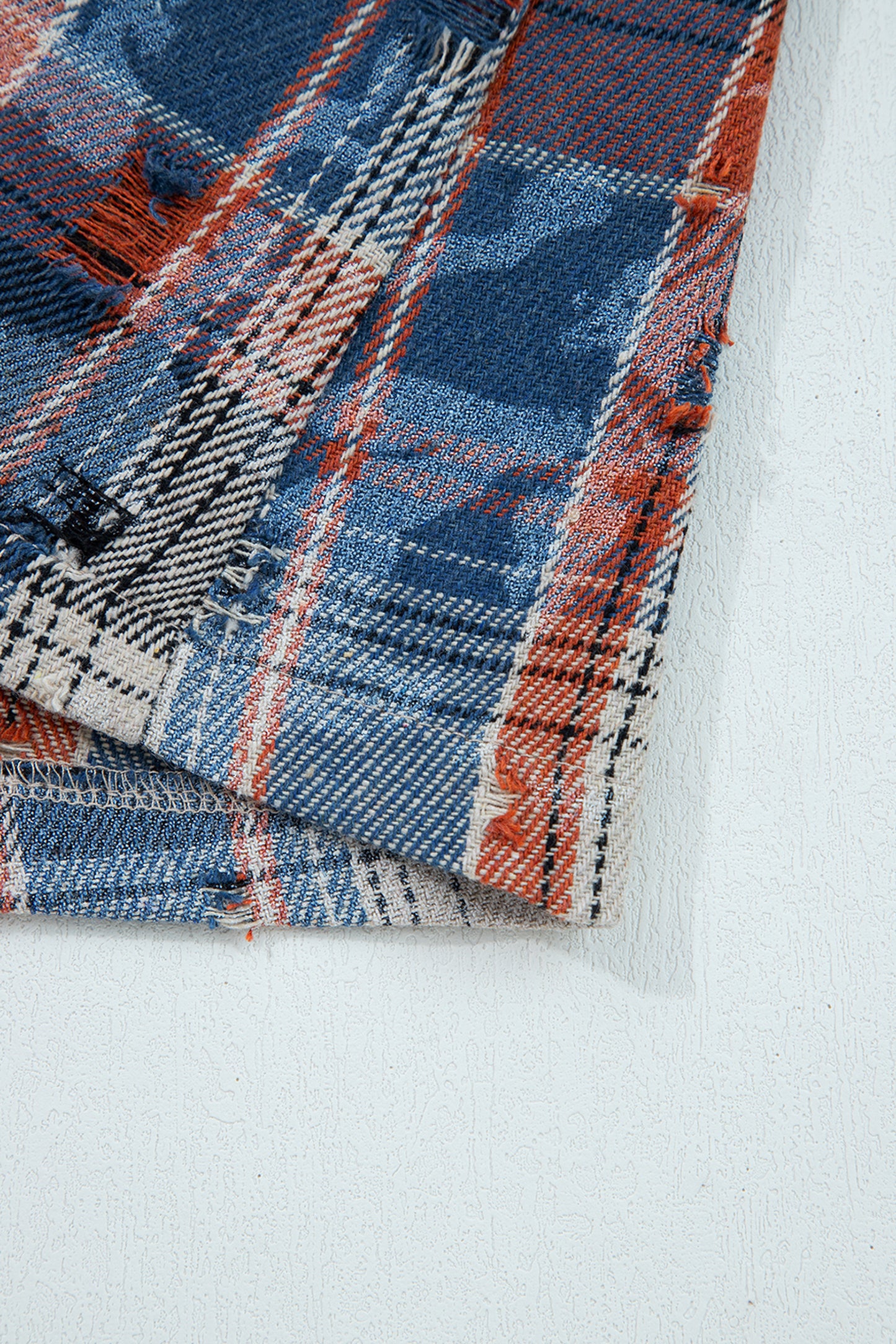 Mist Green Boho Floral Plaid Patchwork Distressed Detail Ruffled Sleeve Waffle Knit Shacket