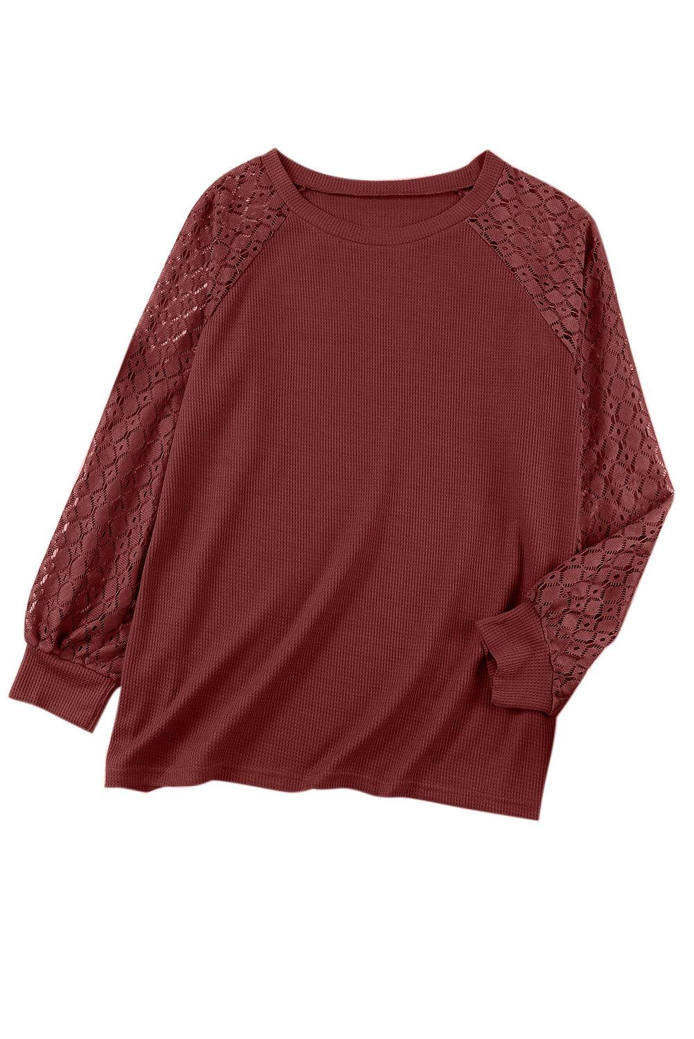 Red Plus Size Contrast Lace Sleeve Waffle Knit Top - L & M Kee, LLC