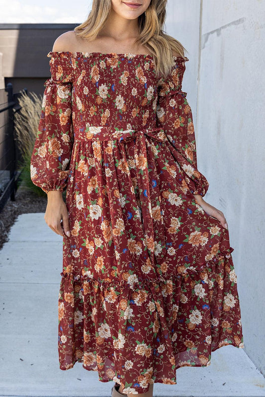 Ruby Frilled Shirred Knotted High Waist Floral Dress - L & M Kee, LLC