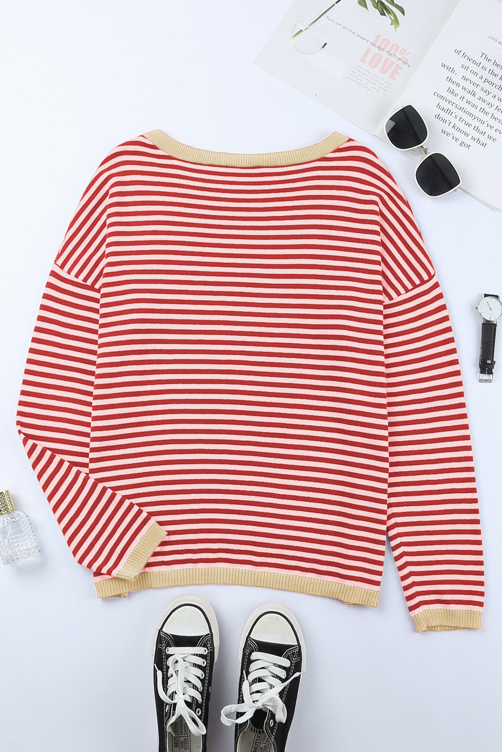 Fiery Red Contrast Trimmed Striped Drop Shoulder Sweater