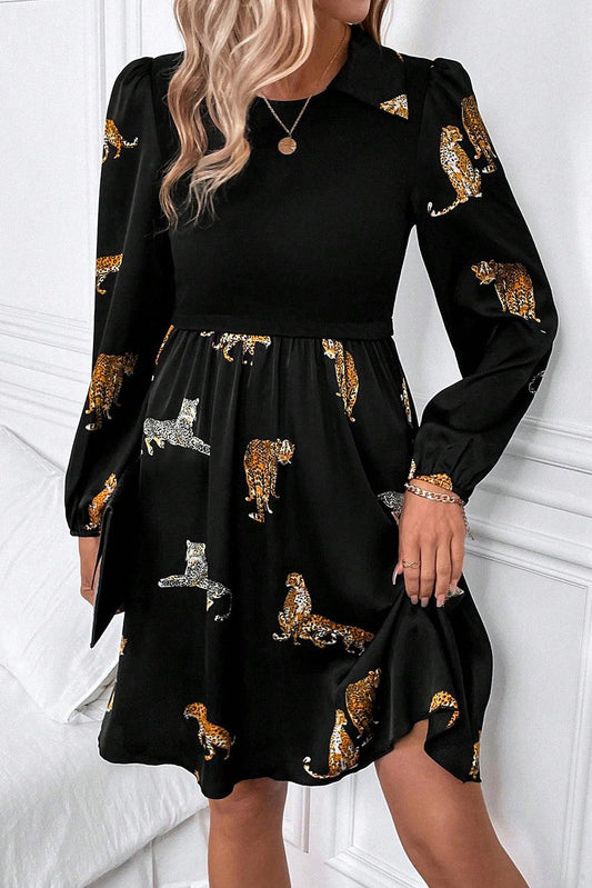 Black Vivid Leopard Print Long Sleeve Swing Dress - L & M Kee, LLC