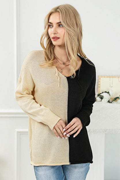 Khaki 2-tone Color Block Raw Edge V Neck Sweater - L & M Kee, LLC