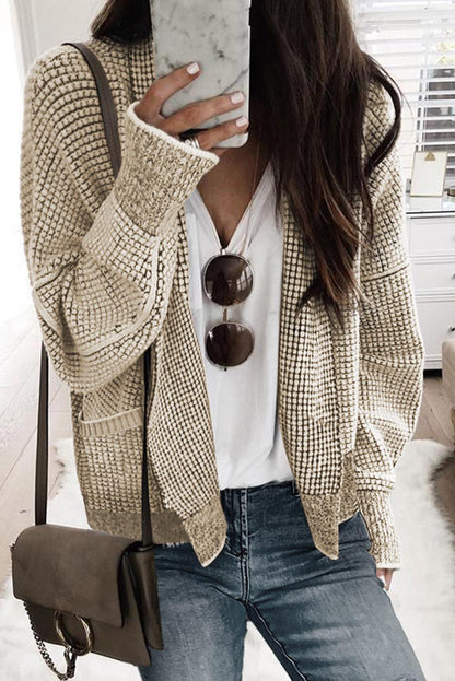 Apricot Chunky Waffle Knit Oversized Collar Cardigan - L & M Kee, LLC