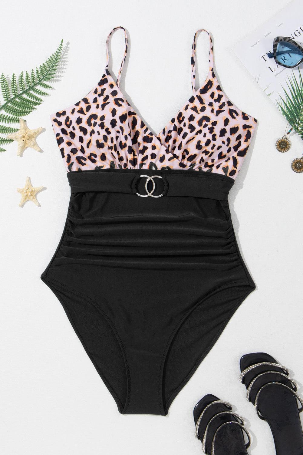 Black Animal Print Belted Ruched V Neck One-piece Swimsuit - L & M Kee, LLC
