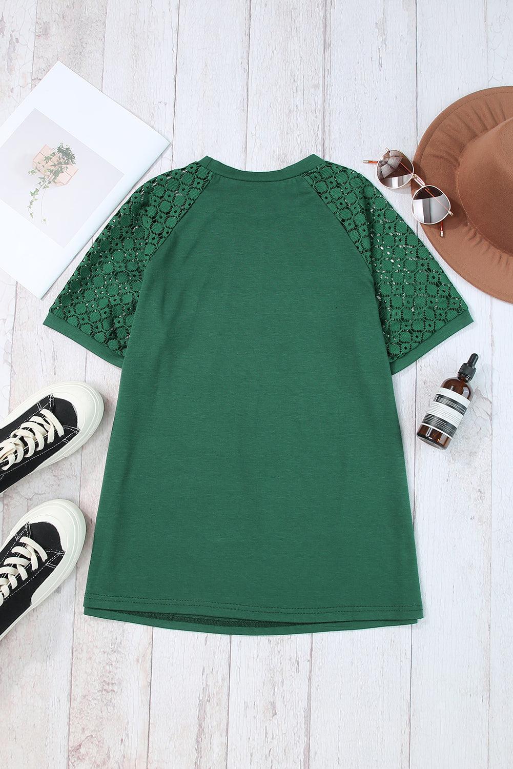 Blackish Green Seamed Detail Contrast Lace Raglan Sleeve Tee - L & M Kee, LLC