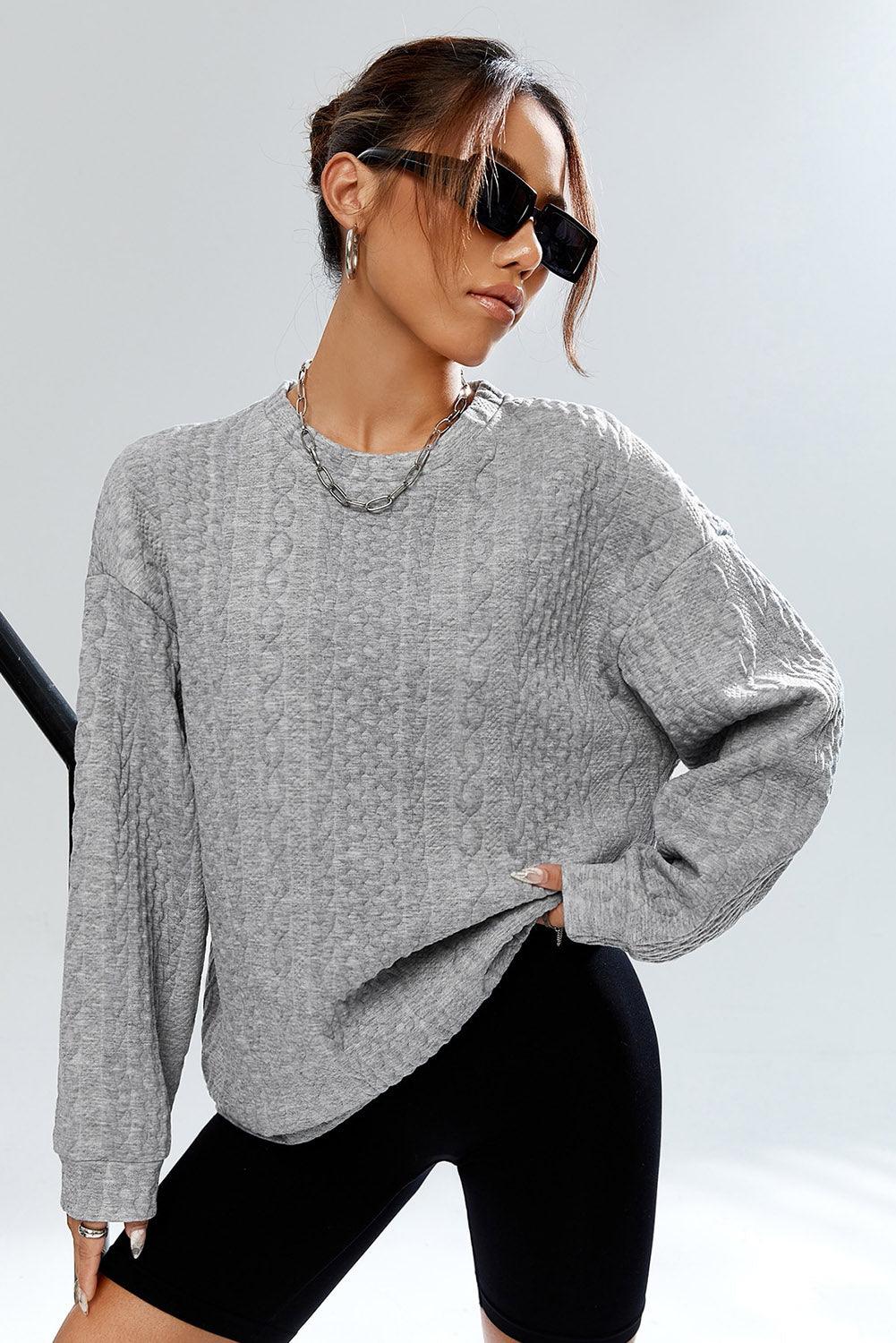 Gray Cable Textured Drop Shoulder Pullover Sweatshirt - L & M Kee, LLC