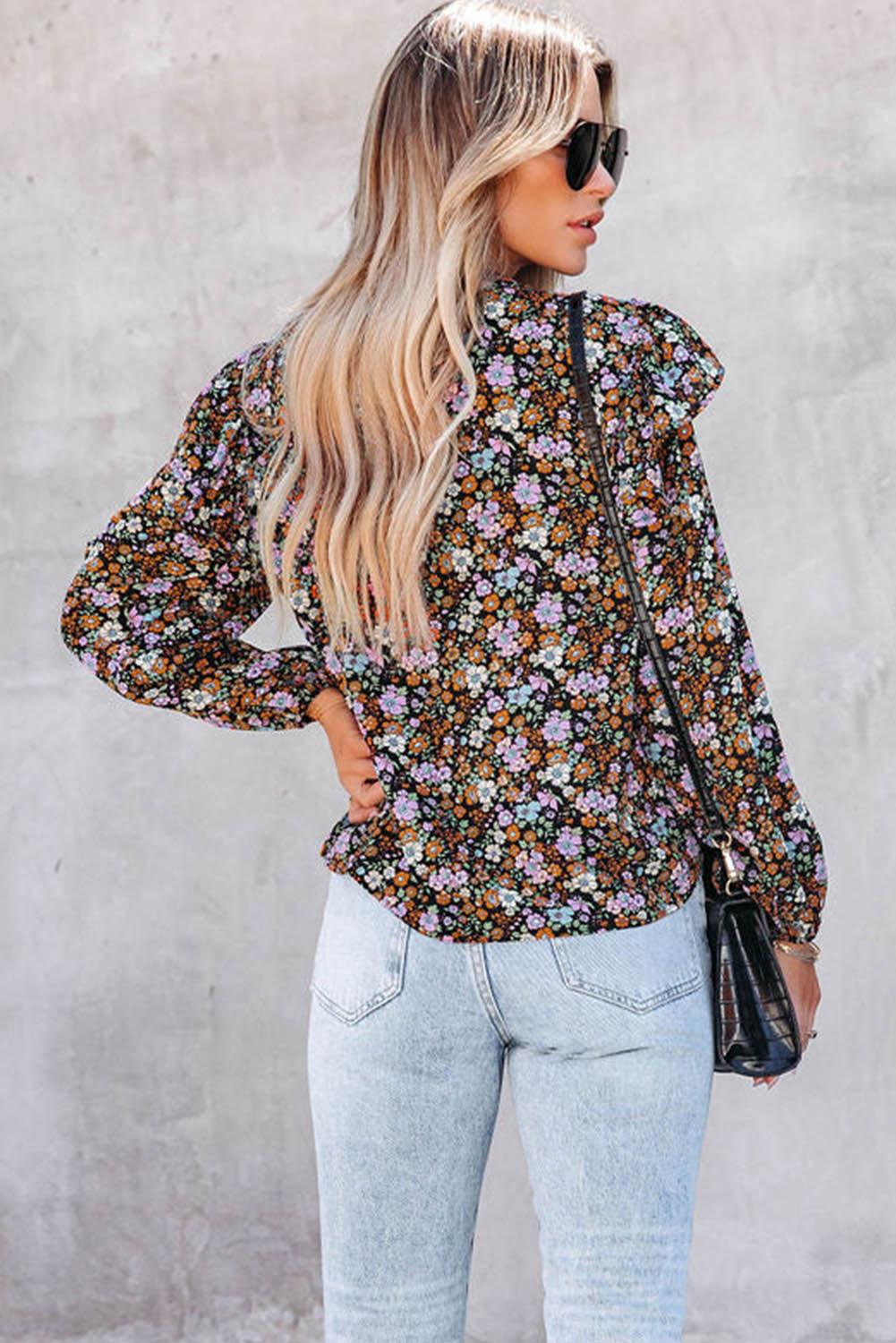 Floral Print Ruffled Bubble Sleeve Shirt - L & M Kee, LLC