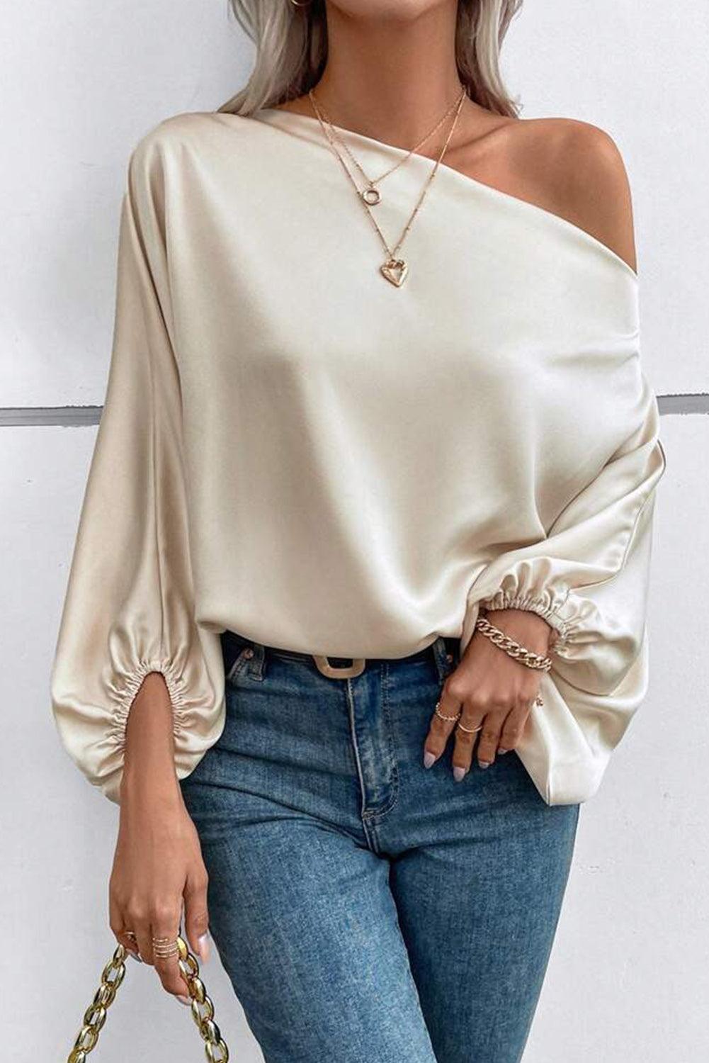 Apricot Asymmetrical Neck Balloon Sleeve Satin Blouse - L & M Kee, LLC