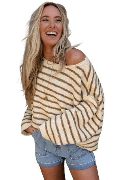 Yellow Striped Drop Shoulder Oversized Sweater - L & M Kee, LLC