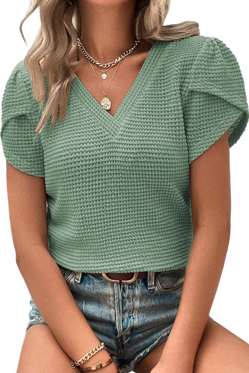 Mist Green V Neck Petal Sleeve Waffle Knit T-Shirt - L & M Kee, LLC