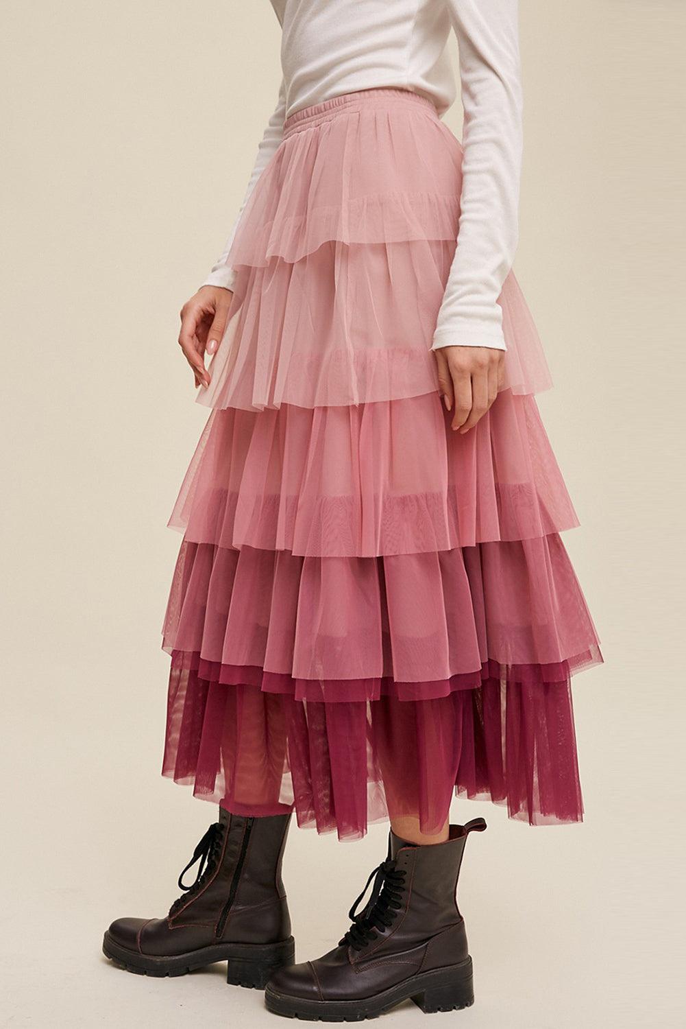 Pink Gradient Ruffle Tiered Mesh Maxi Skirt - L & M Kee, LLC