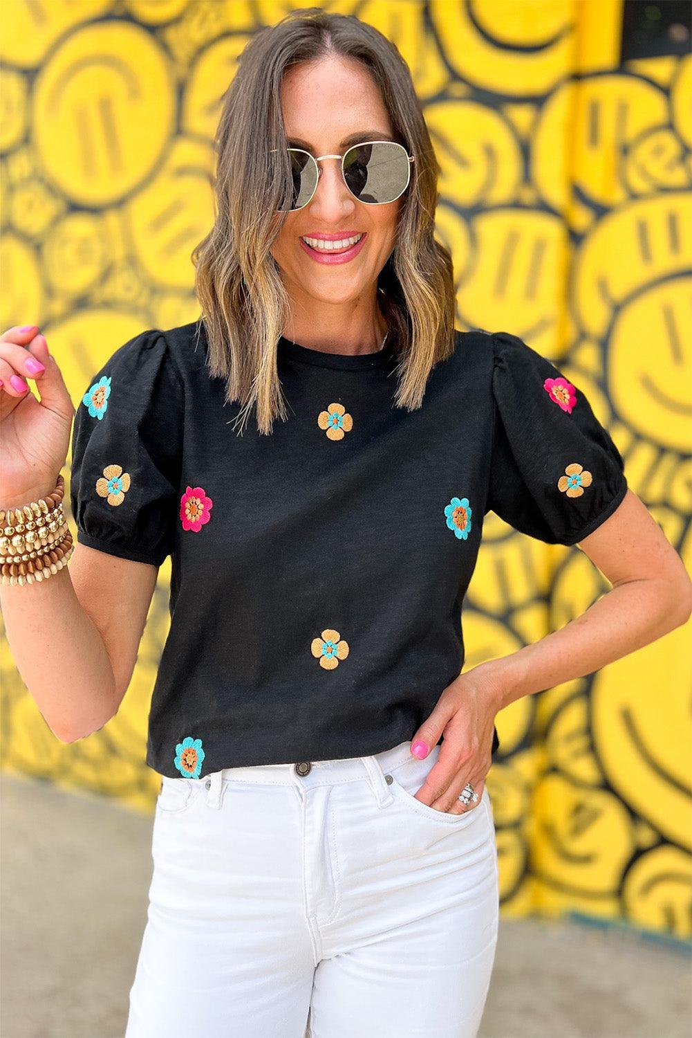 Black Embroidered Flower Short Puff Sleeve Tee - L & M Kee, LLC