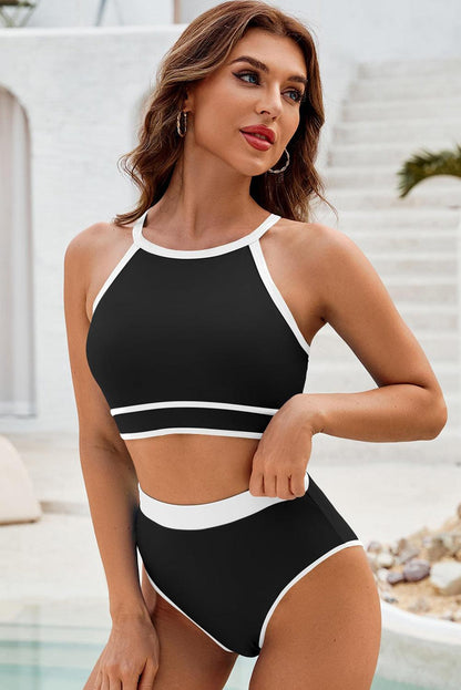 Black Contrast Trim Crisscross Back High Waisted Bikini - L & M Kee, LLC