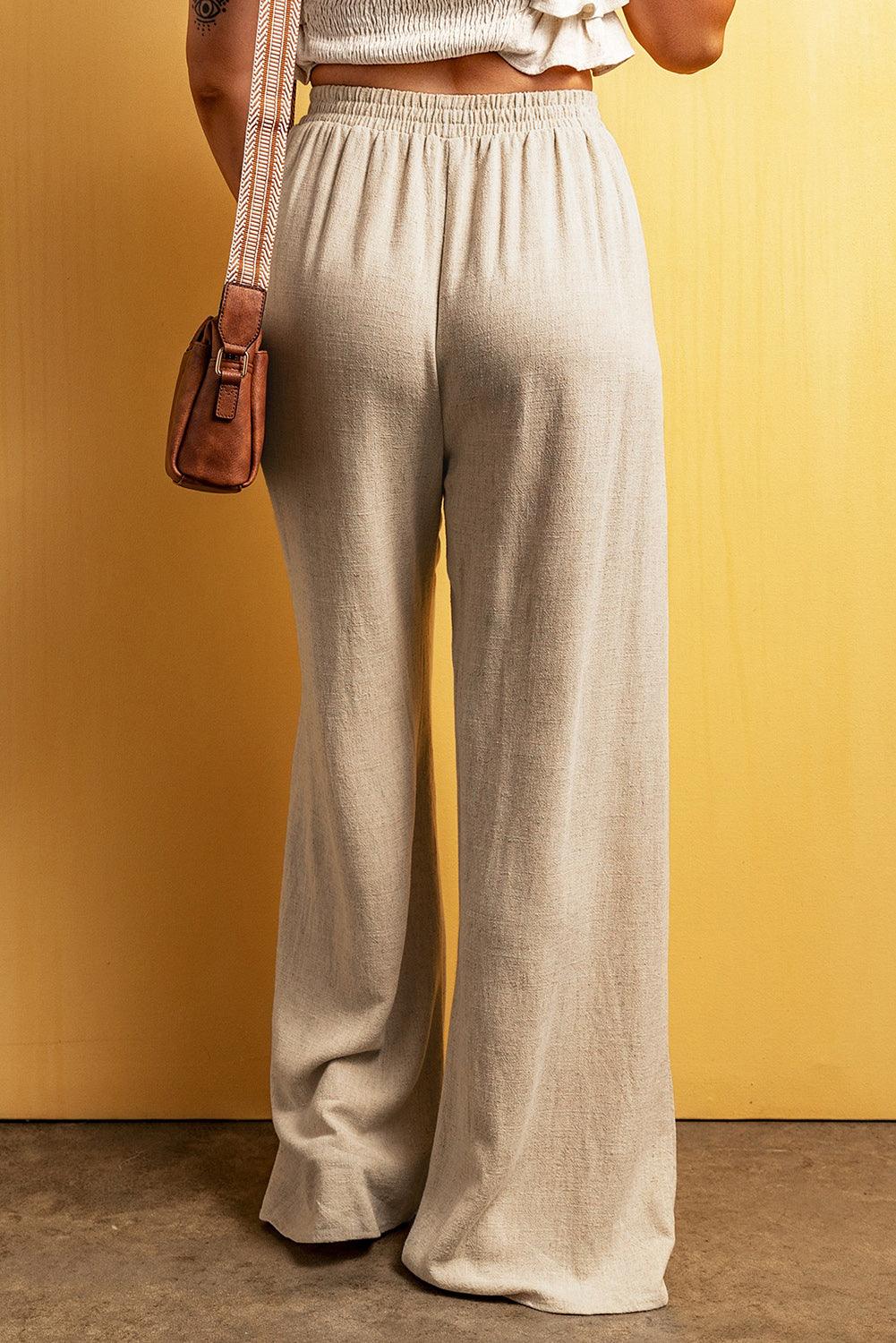 Apricot Lace-up Waist Floor Length Wide Leg Casual Pants - L & M Kee, LLC