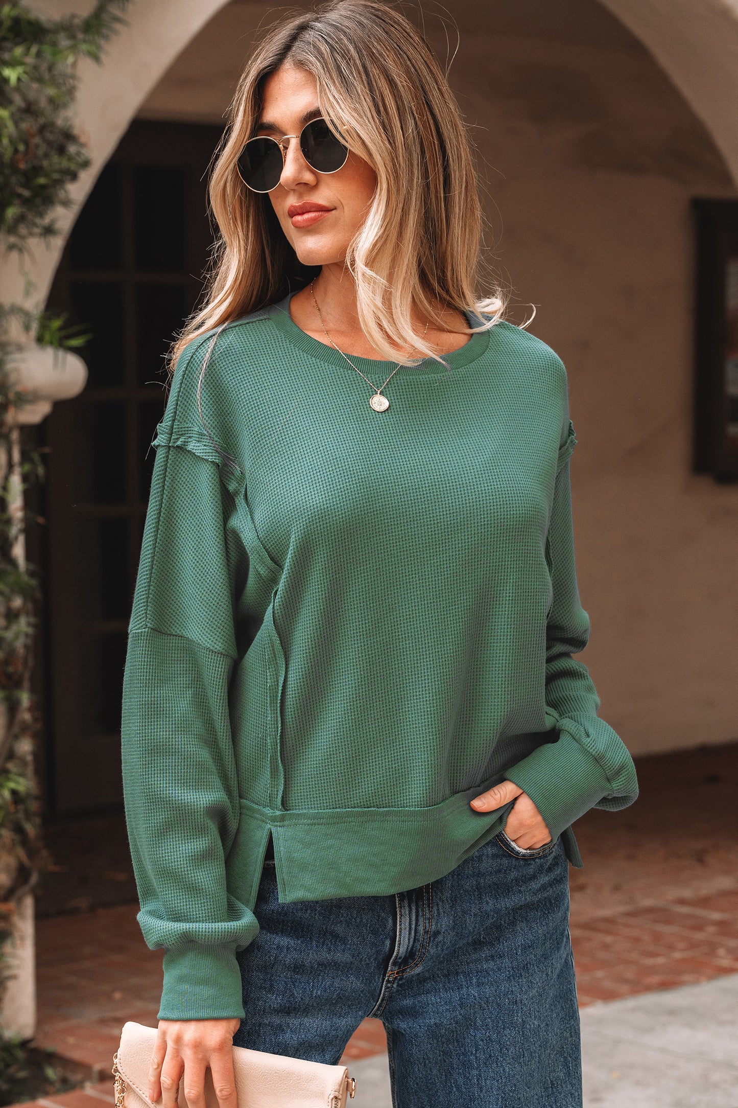 Evergreen Solid Color Raw Seam Patchwork Ribbed Drop Shoulder Sweatshirt