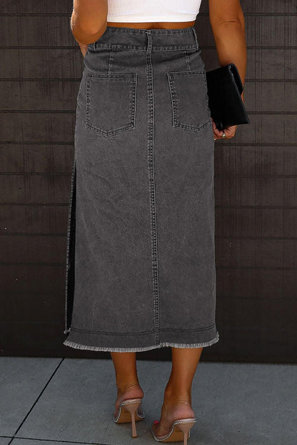 Black Raw Edge Side Slits Buttoned Midi Denim Skirt - L & M Kee, LLC