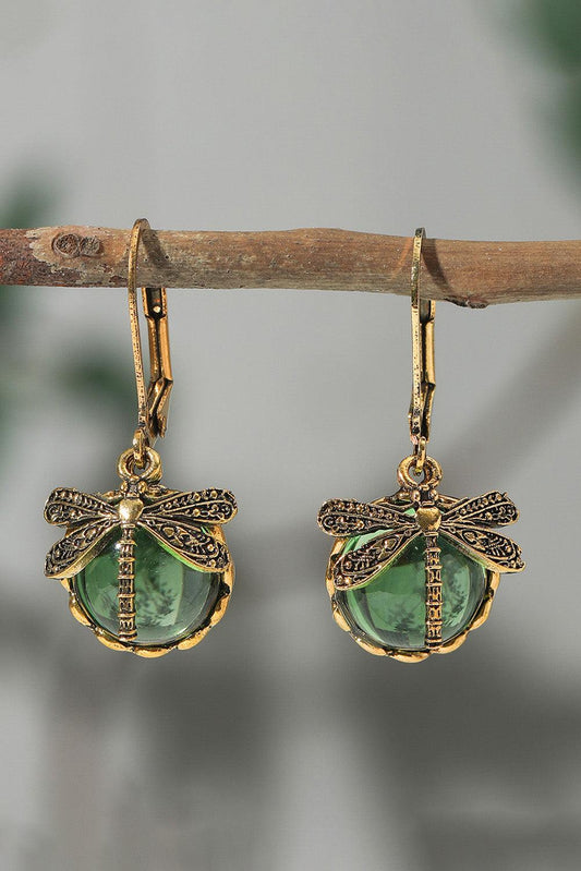 Grass Green Vintage Dragonfly Crystal Pendant Earrings