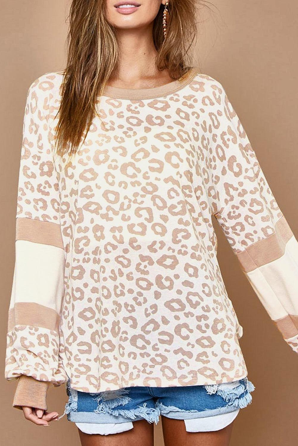 Bright White Leopard Print Round Neck Puff Sleeve Top - L & M Kee, LLC