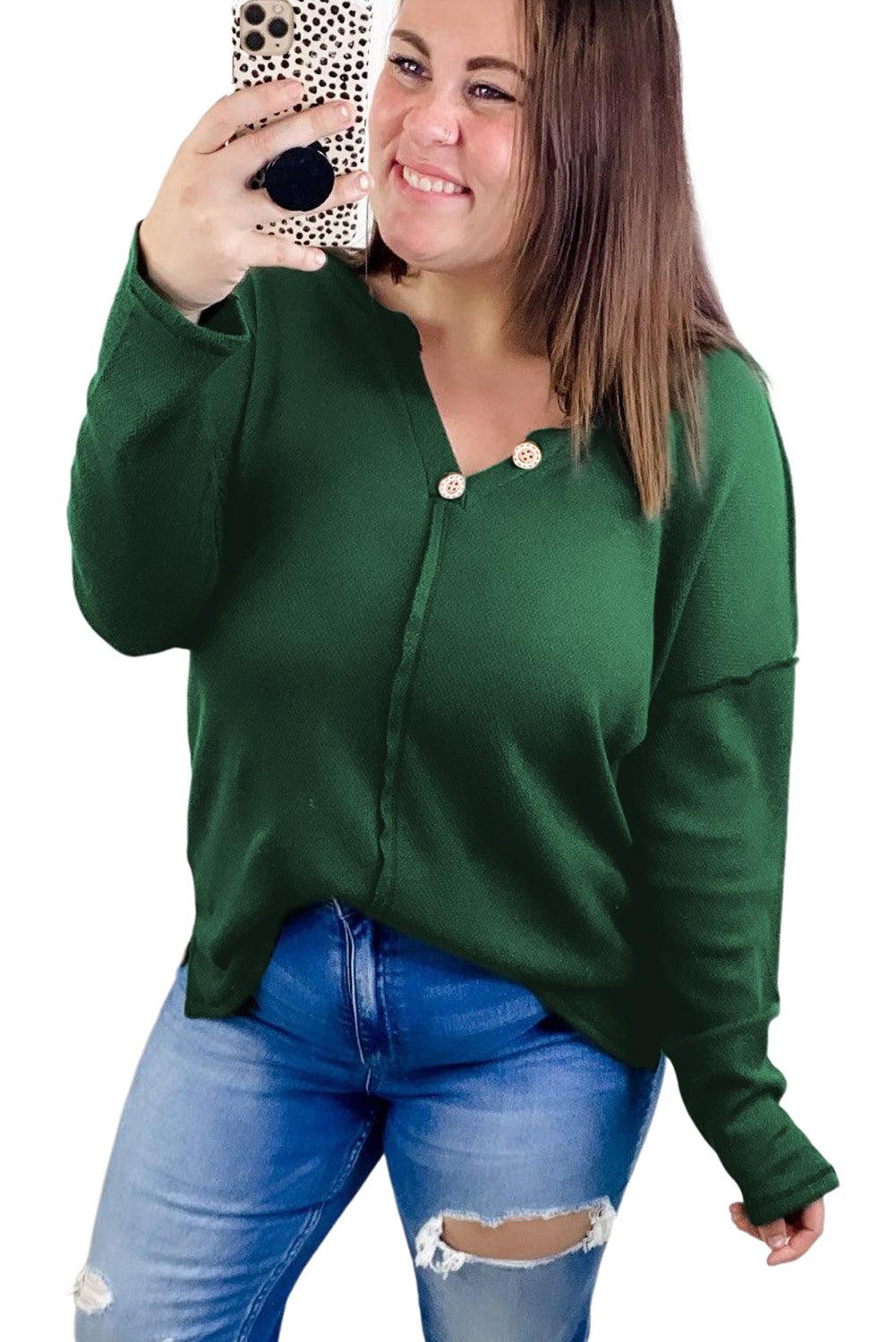 Green Exposed Seam Henley Buttoned Plus Size Long Sleeve Top - L & M Kee, LLC