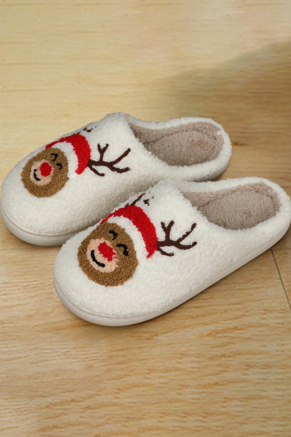 White Christmas Deer Home Indoor Plush Slippers - L & M Kee, LLC