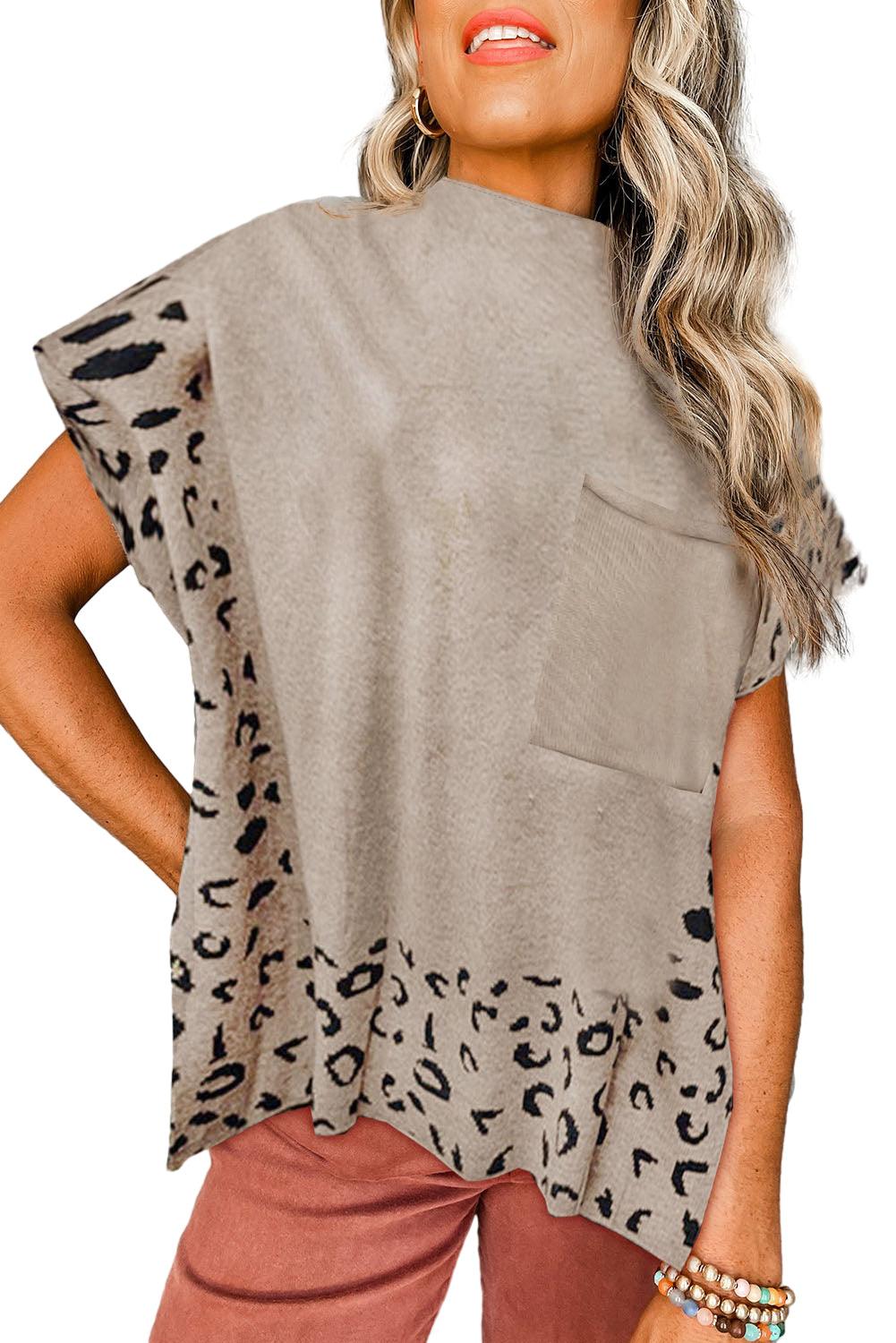 Smoke Gray Leopard Trim High Neck Short Sleeve Loose Sweater - L & M Kee, LLC