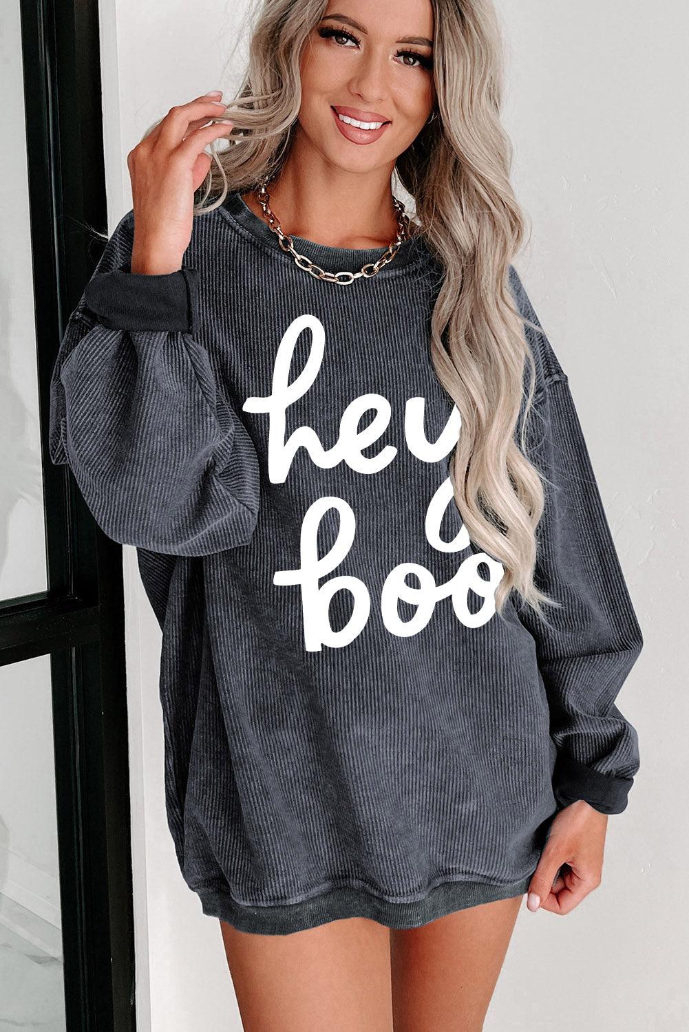 Gray hey boo Graphic Corded Halloween Sweatshirt - L & M Kee, LLC
