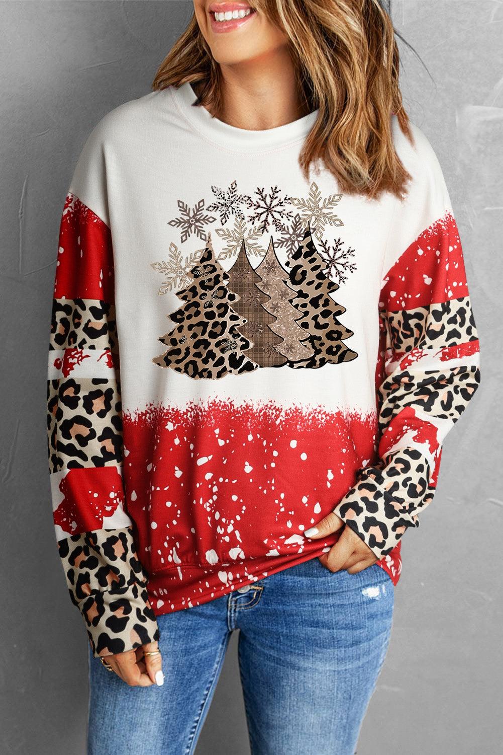 Red Tie Dye Leopard Christmas Tree Graphic Top - L & M Kee, LLC