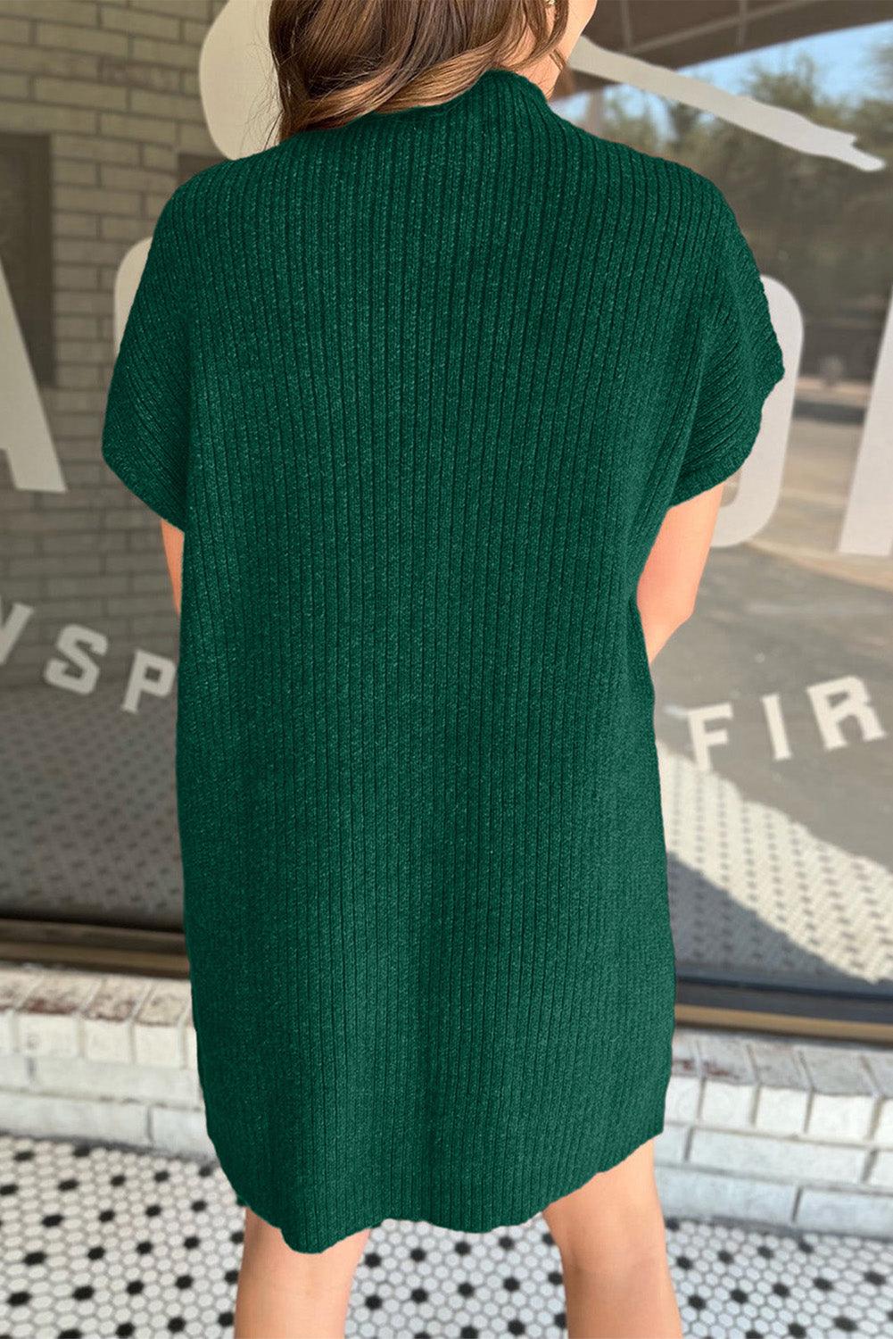 Blackish Green Patch Pocket Ribbed Knit Short Sleeve Sweater Dress - L & M Kee, LLC