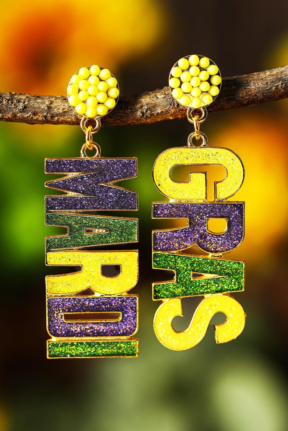 Yellow MARDI GRAS Shiny Letter Pendant Earrings - L & M Kee, LLC